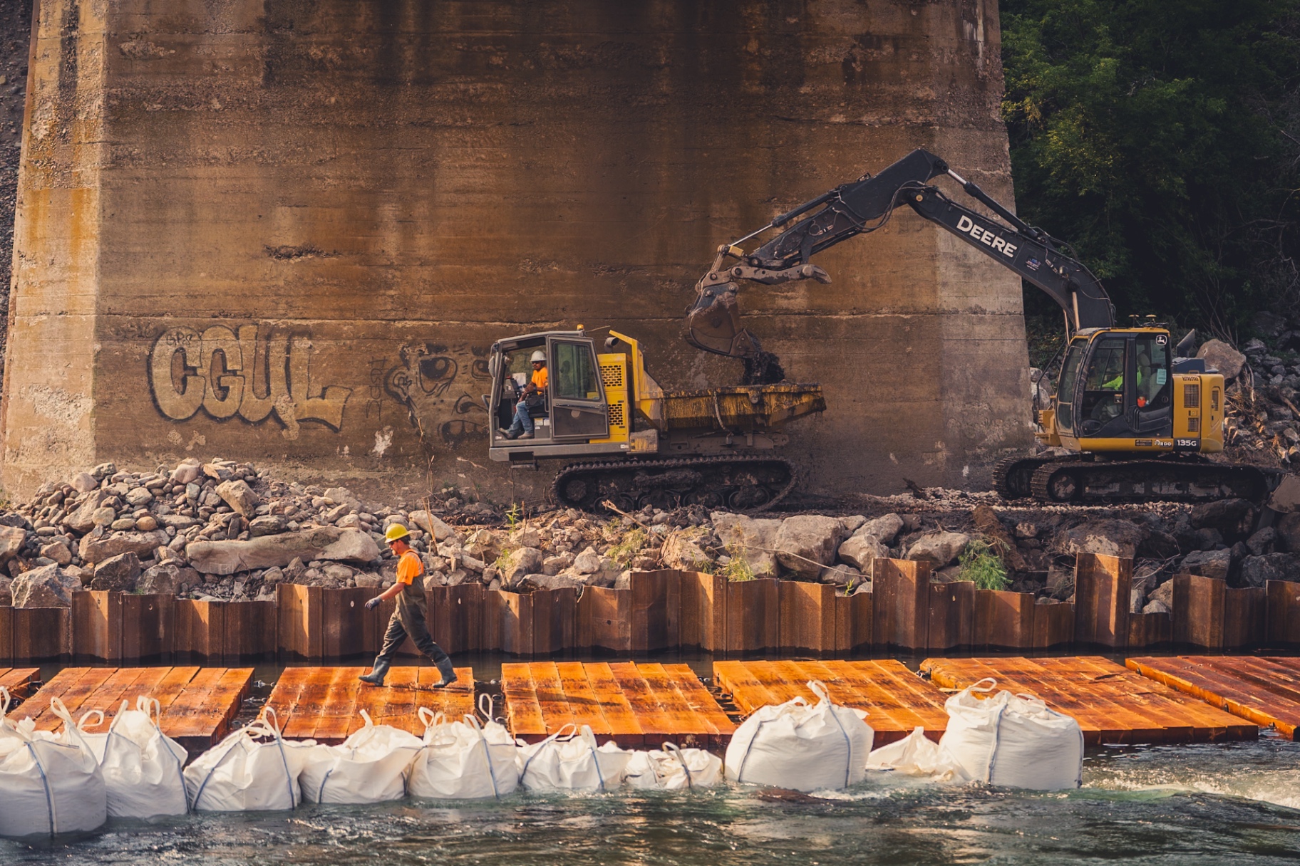 Heavy civil construction site with excavator